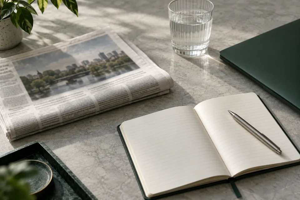 A newspaper and notebook beside a forest-green laptop on a sunlit desk.