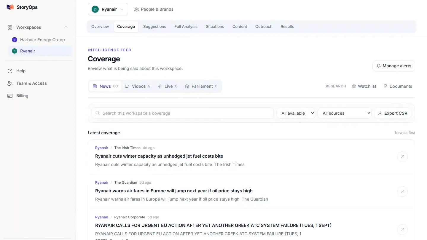 StoryOps Coverage workspace showing news articles, source filters, search, and news, video and live coverage tabs.