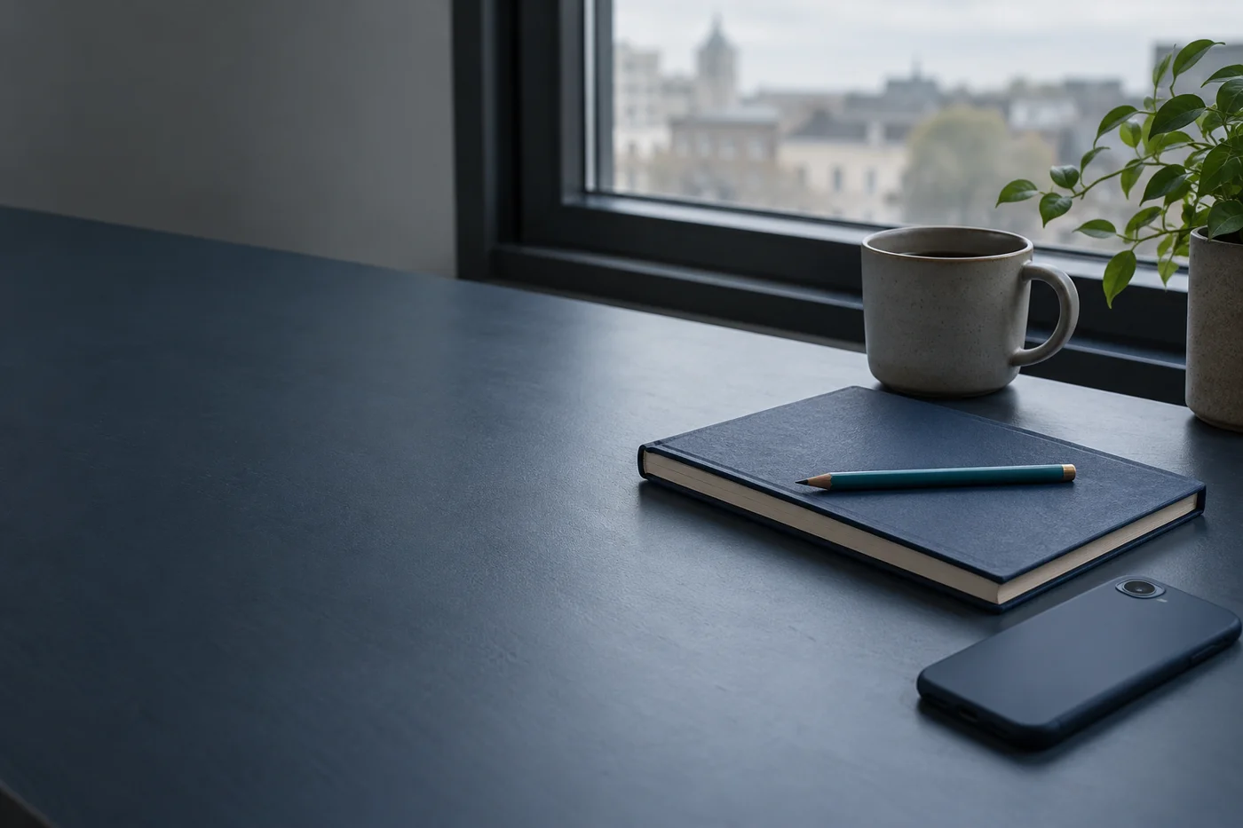 An illustrative office desk with a notebook and a phone.