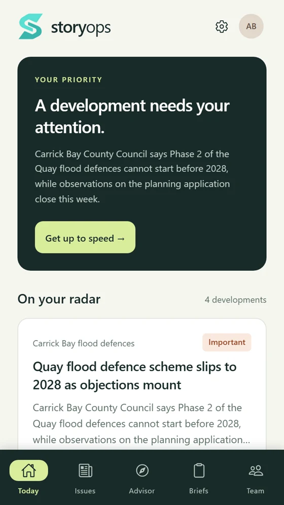 Today screen for a fictional Irish constituency office: a priority development about a flood defence scheme, with more stories on the radar.